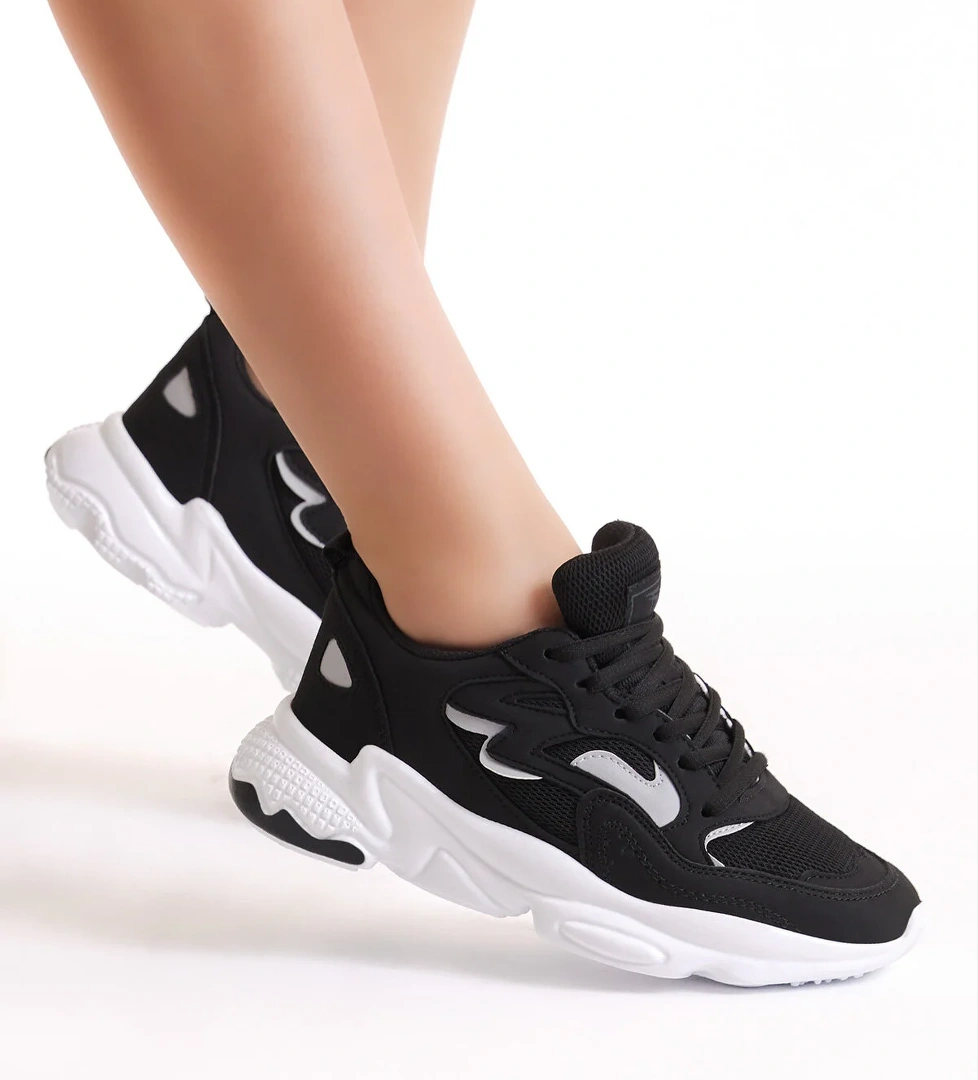 Unisex Siyah Beyaz Rahat Kalıp Yüksek Taban Bağcıklı Spor Ayakkabı
