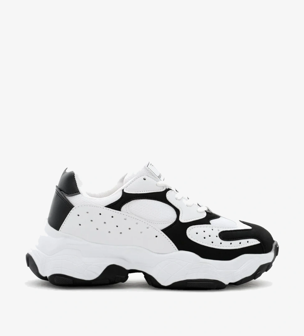 Kadın Beyaz Siyah Rahat Kalıp Yüksek Taban Bağcıklı Spor Ayakkabı - Görsel 1