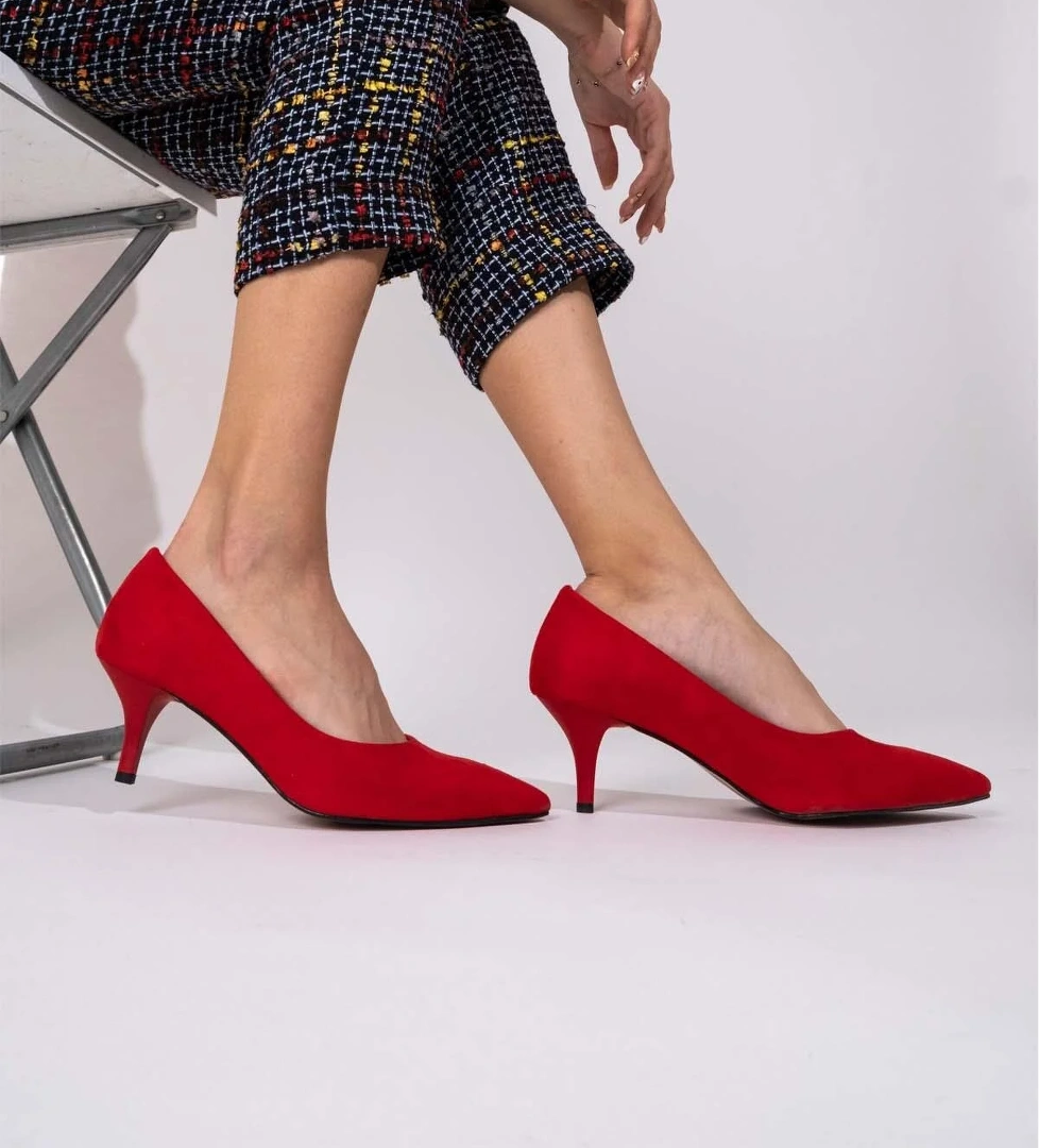 Kadın Kısa Topuklu Kırmızı Süet Stiletto Ayakkabı - Candy - Görsel 1