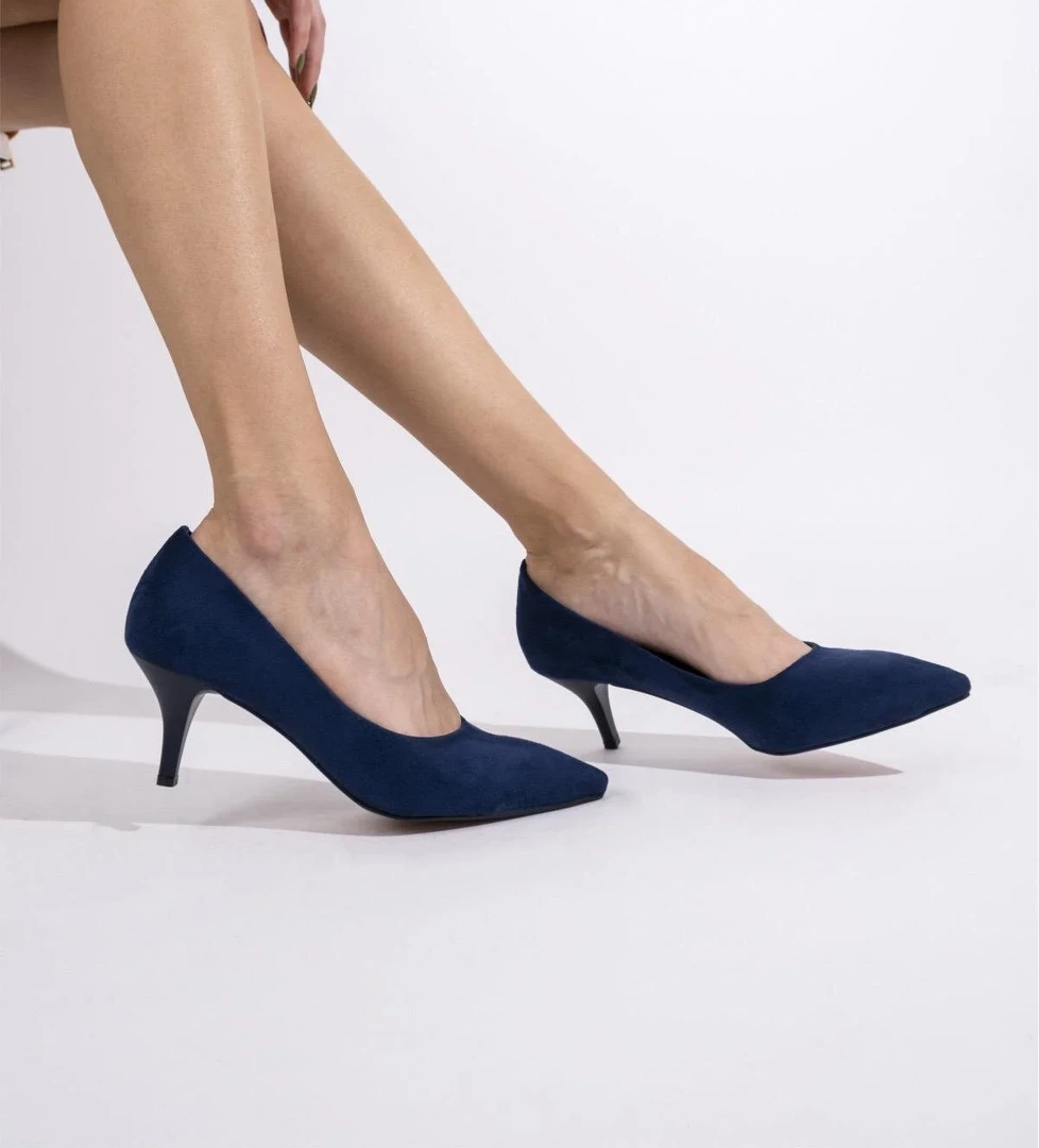 Kadın Lacivert Süet İnce Kısa Topuklu Stiletto Ayakkabı - Candy - Görsel 1