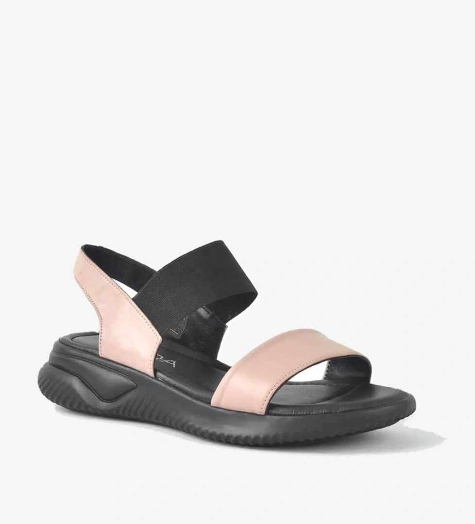 Hakiki Deri Siyah Pembe Lastikli Kalın Taban Kadın Sandalet - Görsel 1