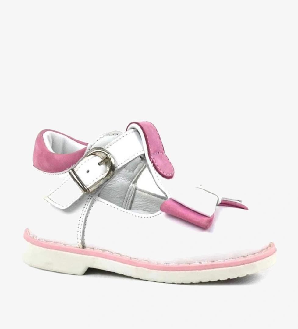 N Trend Hakiki Deri Beyaz Pembe Fiyonklu Kız Bebek Çocuk Sandalet Ayakkabı model görseli