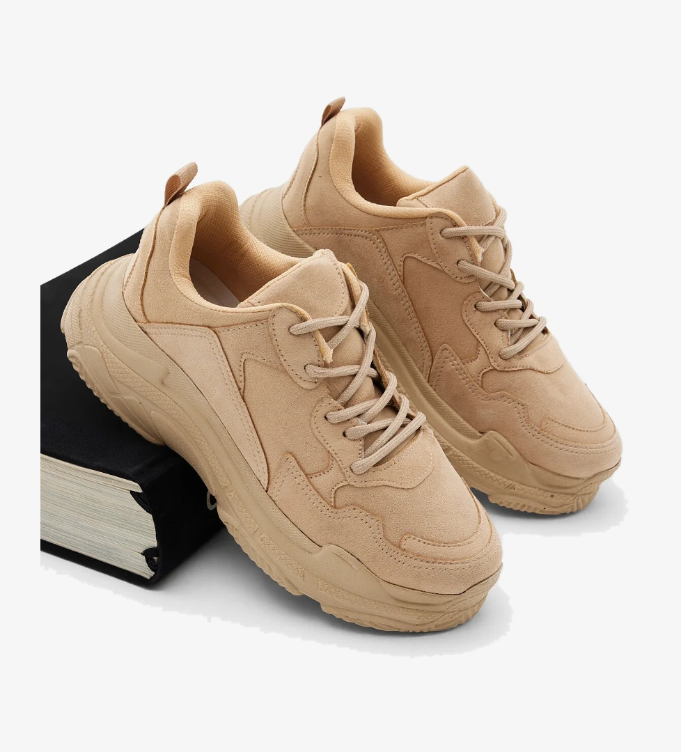 Kadın Bej Yüksek Taban Bağcıklı Spor Ayakkabı