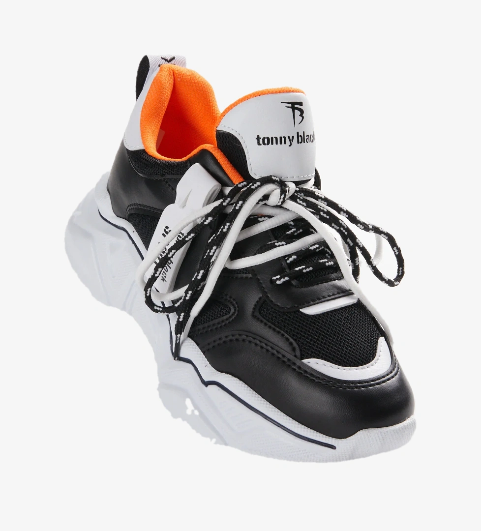 Kadın Siyah Beyaz Rahat Kalıp Yüksek Taban Çift Bağcıklı Spor Ayakkabı