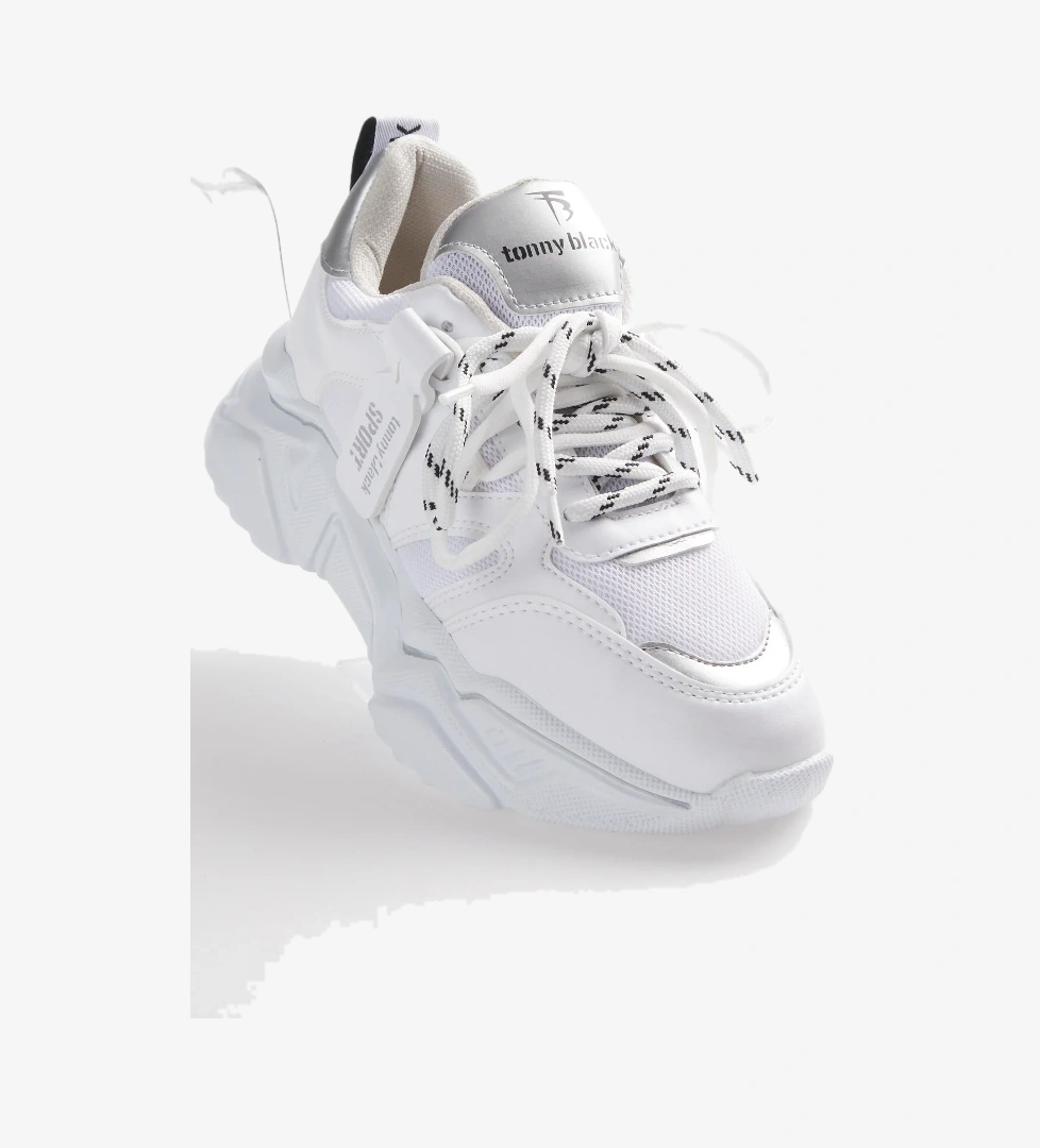Tonny Black Kadın Beyaz Rahat Kalıp Yüksek Taban Çift Bağcıklı Spor Ayakkabı
