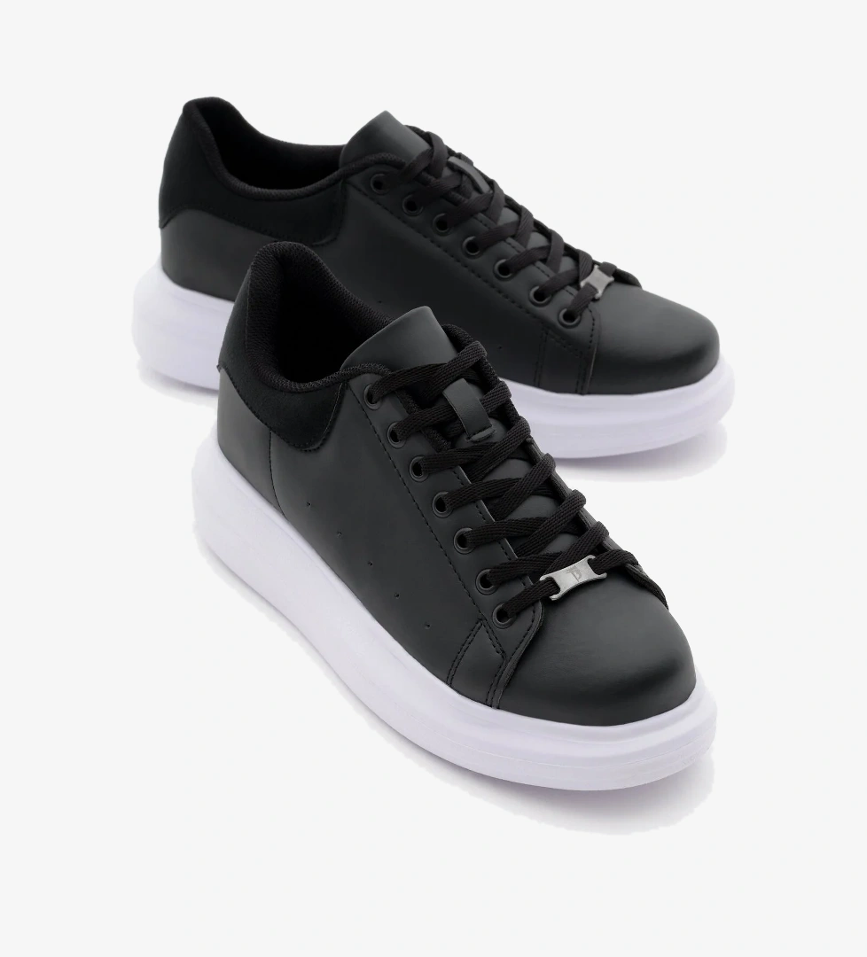 Unisex Siyah Beyaz Rahat Kalıp Yüksek Taban Bağcıklı Spor Ayakkabı