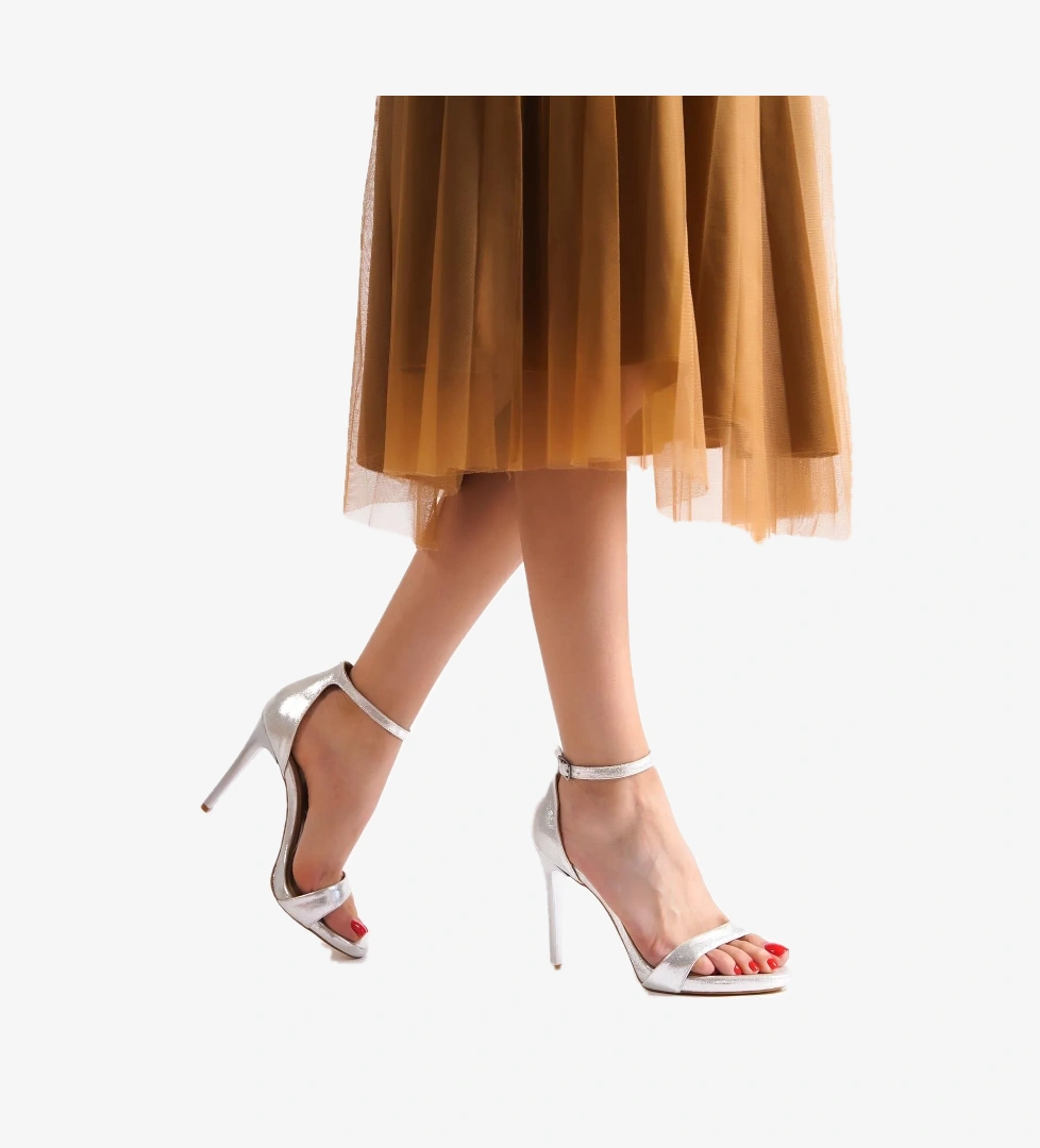 Platform İnce Topuklu Tek Bantlı Abiye Ayakkabı Gümüş Lame - Pirlx - Görsel 1