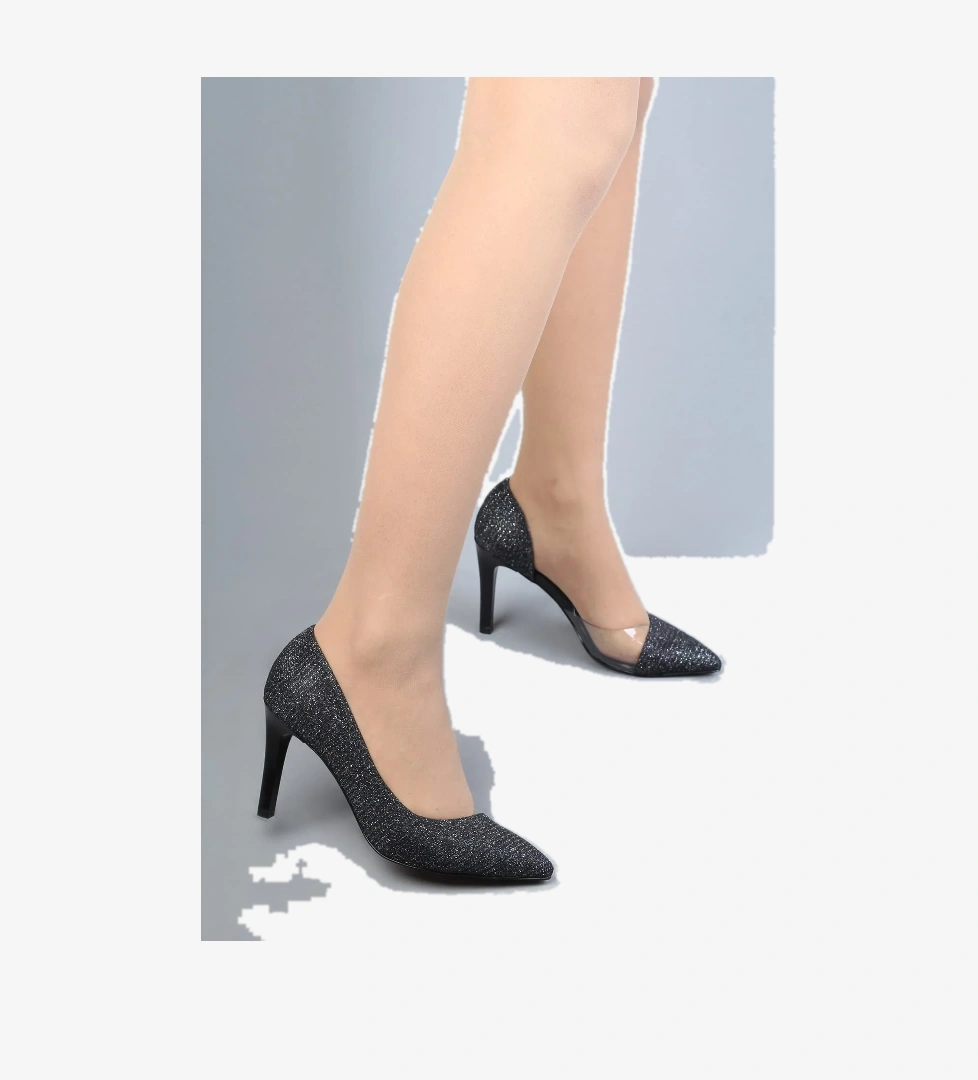 Siyah Simli Şeffaf Stiletto Topuklu Kadın Ayakkabı - Lotus - Görsel 1