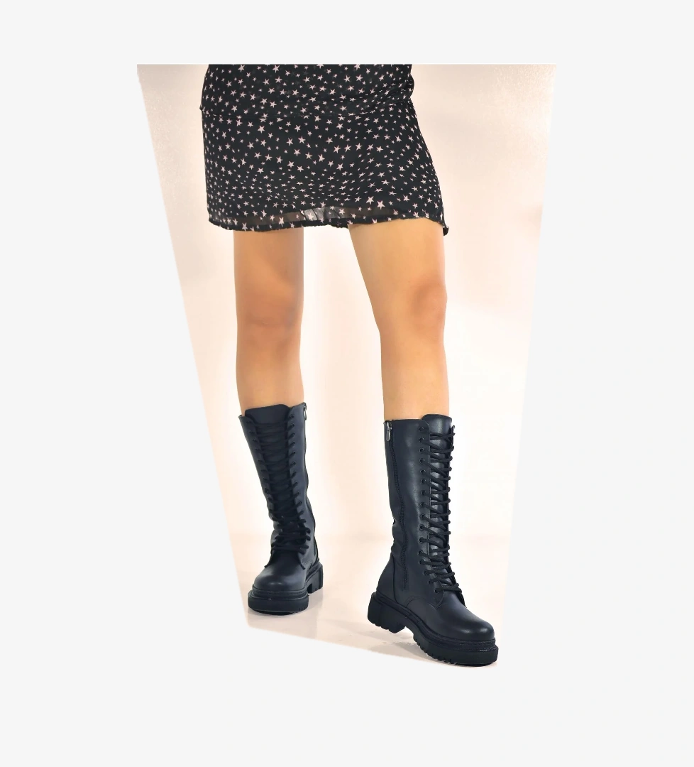 Kadın Kalın Taban Cilt Bağcıklı Postal Çizme - Görsel 1