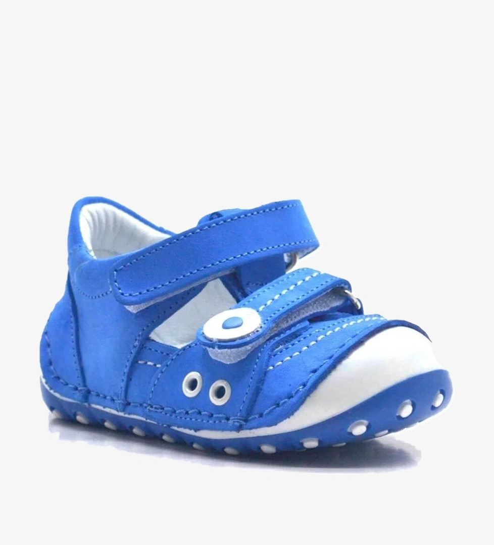 Hakiki Deri Mavi Cırtlı Yazlık İlk Adım Ayakkabı - Görsel 1