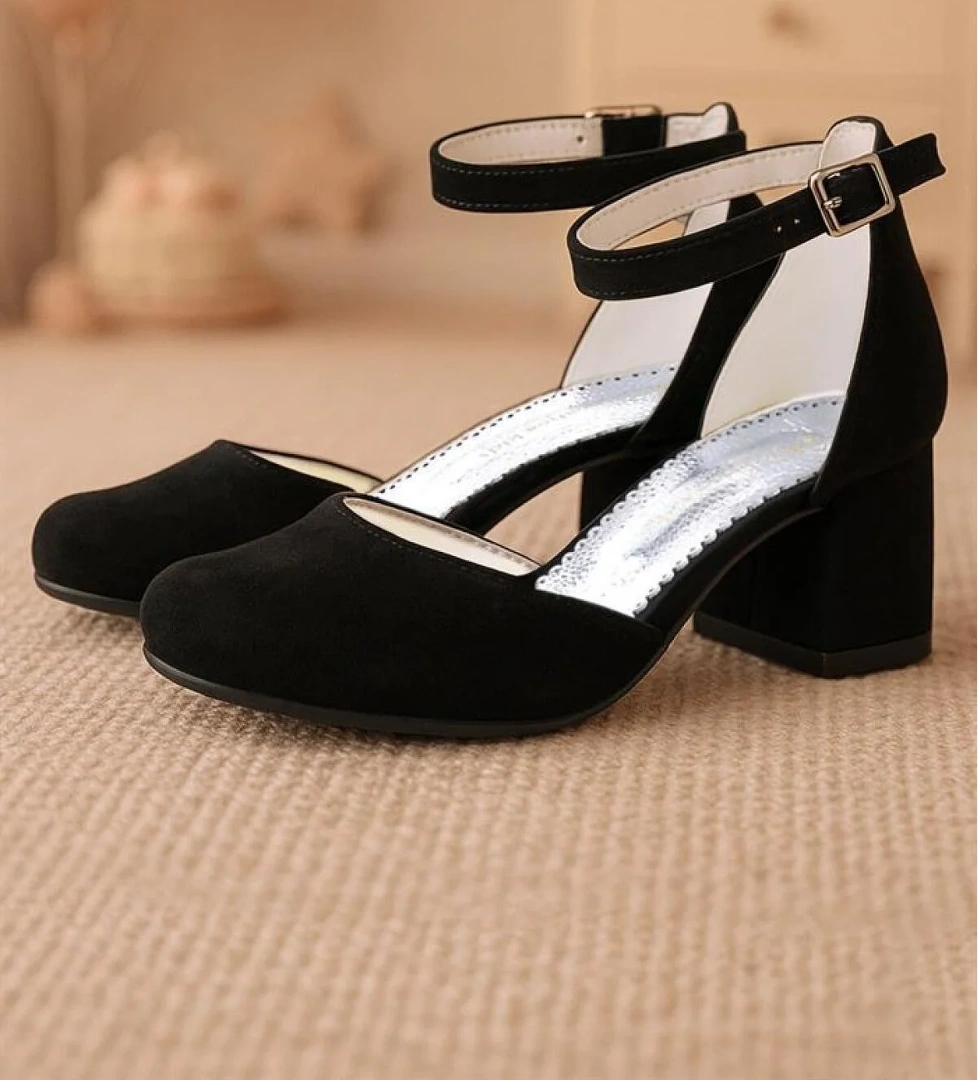 Merida Siyah Süet Kalın Topuklu Kız Çocuk Topuklu Ayakkabı - Görsel 1