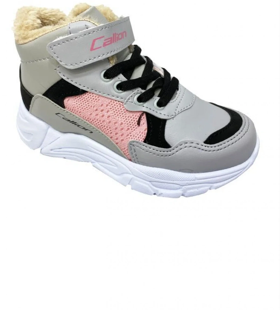 053 Deri Kürklü Patik Çocuk Spor Ayakkabı Buz Siyah Pembe - Görsel 1