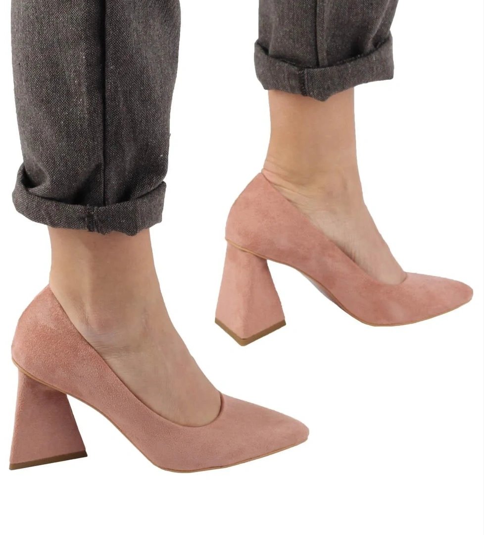 Pudra Süet Stiletto Üçgen Kalın Topuklu Ayakkabı - İkon