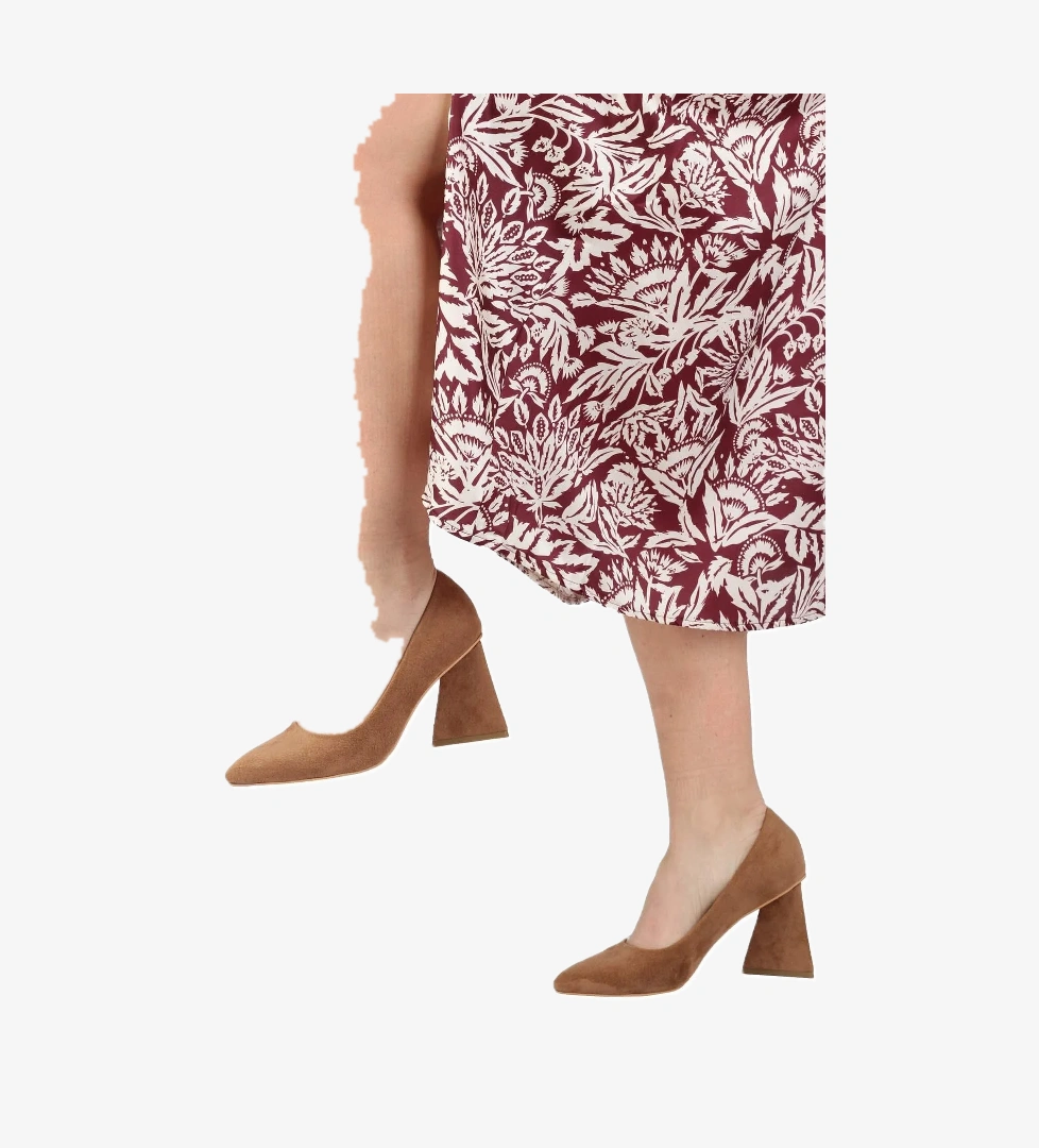 Vizon Süet Stiletto Üçgen Kalın Topuklu Ayakkabı - İkon