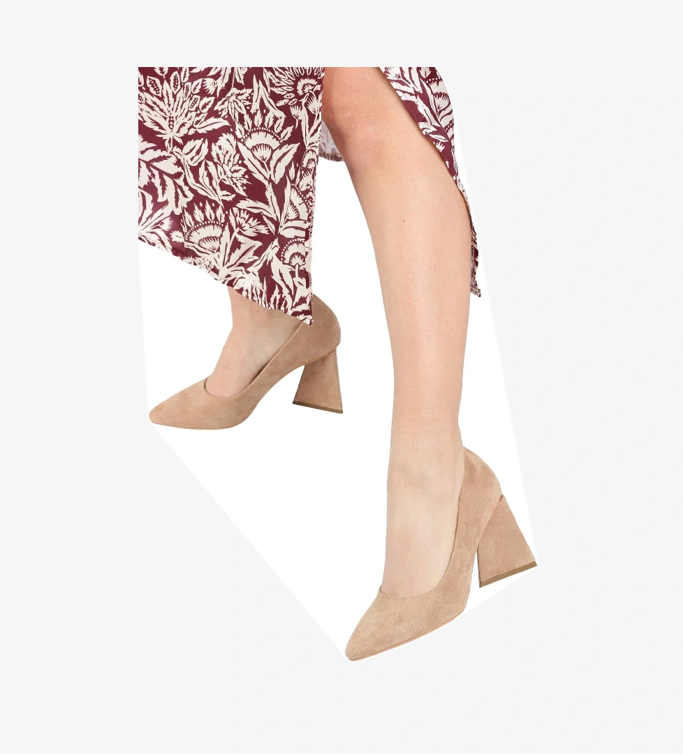 Ten Süet Stiletto Üçgen Kalın Topuklu Ayakkabı - İkon