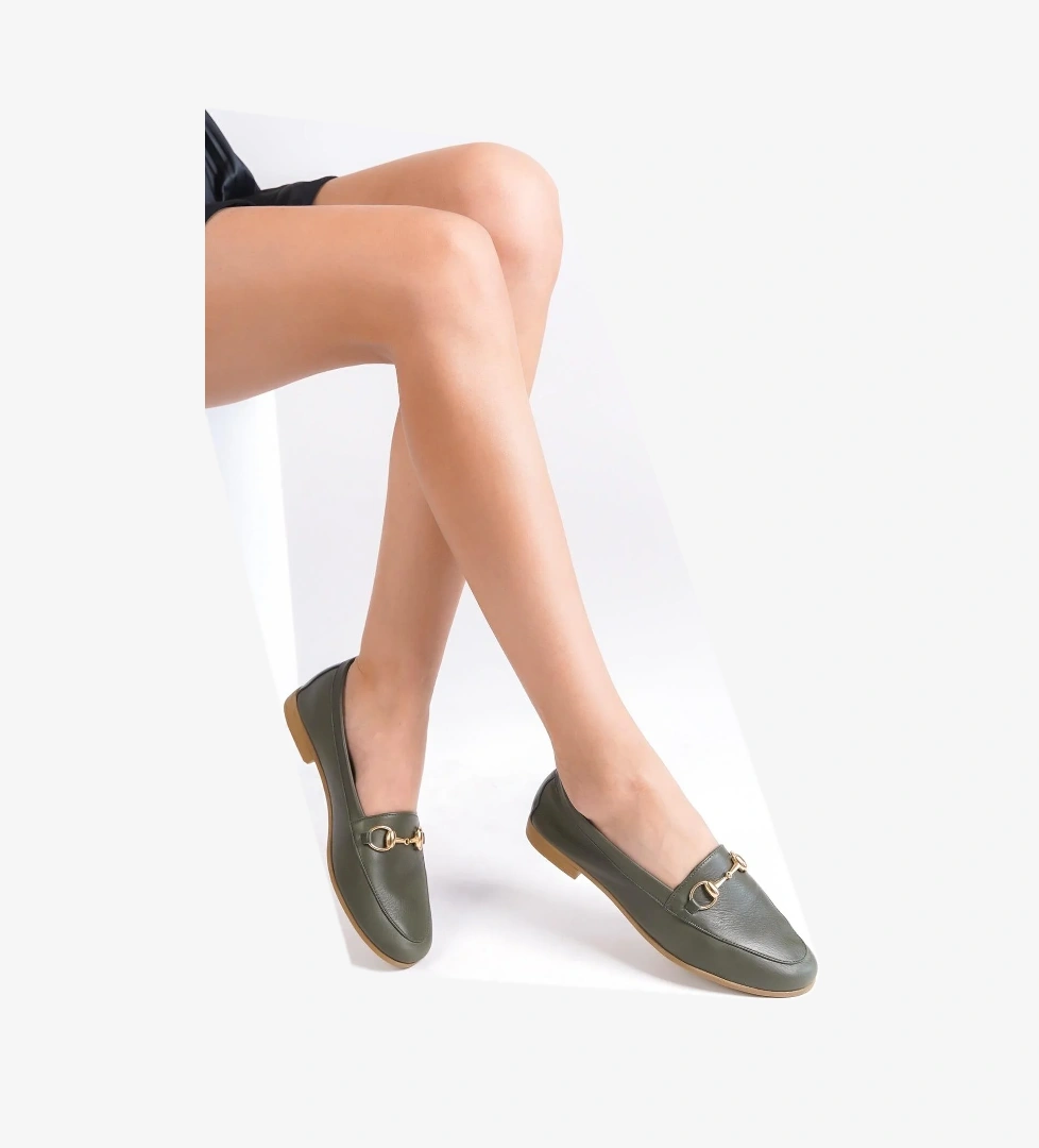 Hakiki Deri Tokalı Ayakkabı Yeşil Günlük Babet - Bader