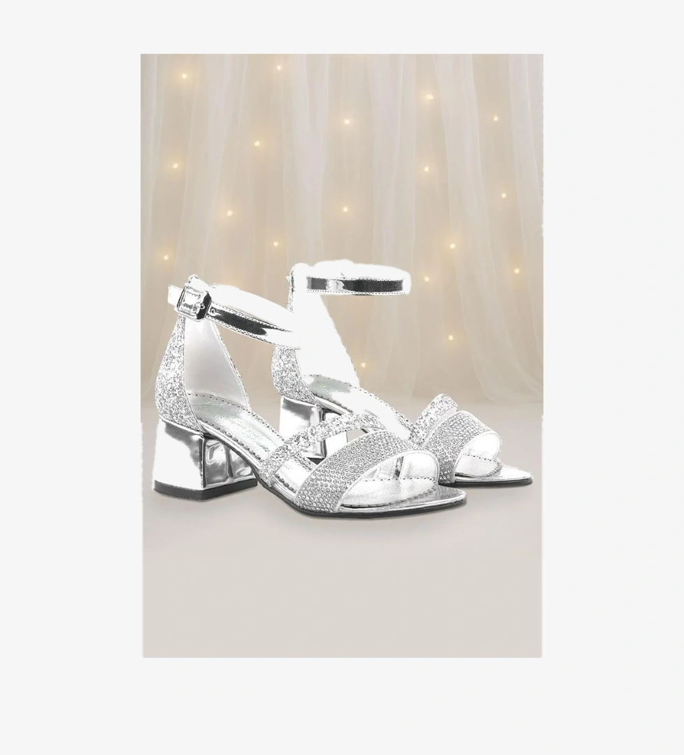 Anna Gümüş Simli Kalın Topuklu Bantlı Kız Çocuk Abiye Ayakkabı - Görsel 1