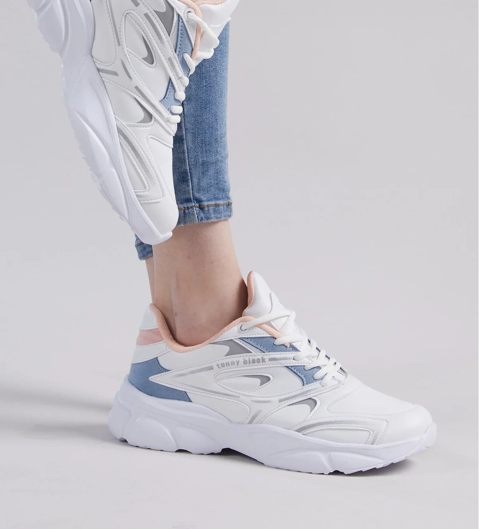 Unisex Beyaz Pembe Kalın Faylon Taban Desenli Bağcıklı Spor Ayakkabı