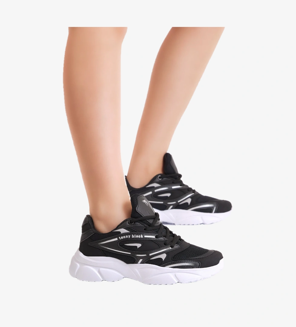 Unisex Siyah Beyaz Kalın Faylon Taban Desenli Bağcıklı Spor Ayakkabı