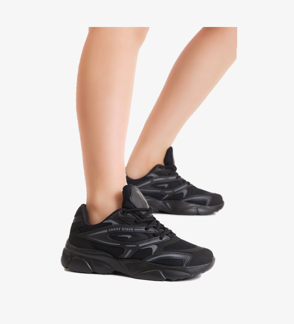 Unisex Siyah Kalın Faylon Taban Desenli Bağcıklı Spor Ayakkabı