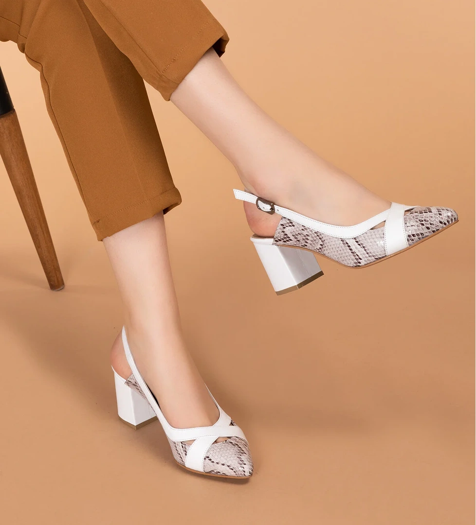 Gondol Hakiki Deri Yılan Desen Ayrıntılı Topuklu Ayakkabı şhn.0738 - Görsel 1