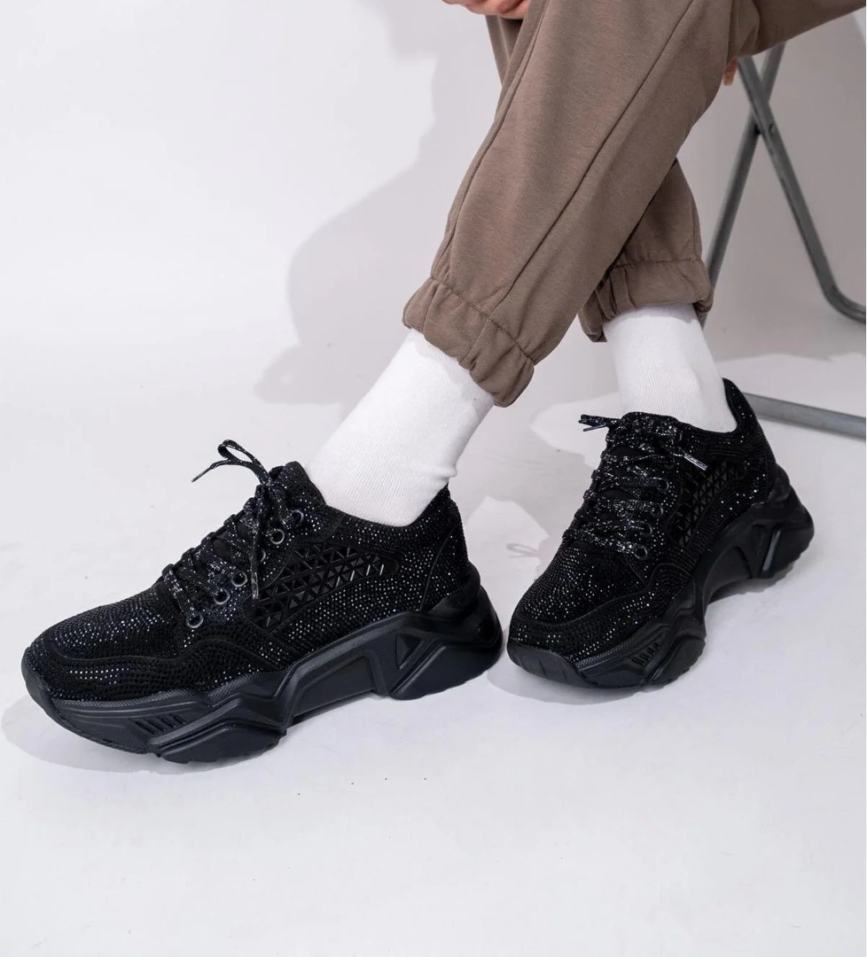 Siyah Taşlı Sneaker Kadın Spor Ayakkabı - Dofi - Görsel 1