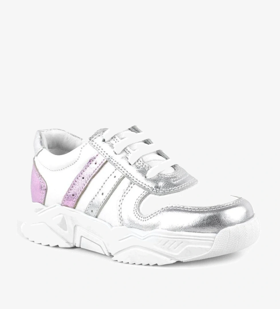 Hakiki Deri Gümüş Pembe Kalın Tabanlı Kız Çocuk Sneakers Ayakkabı - Görsel 1