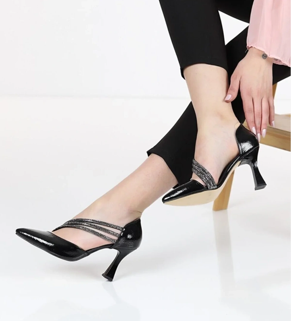 140 Üç Şerit Taşlı Abiye Kadın Topuklu Ayakkabı Stiletto