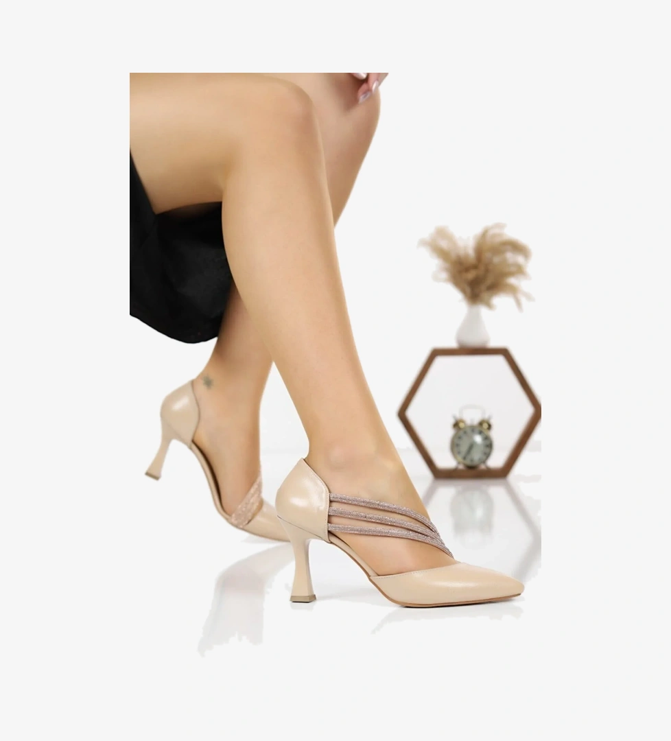 140 Üç Şerit Taşlı Abiye Kadın Topuklu Ayakkabı Stiletto