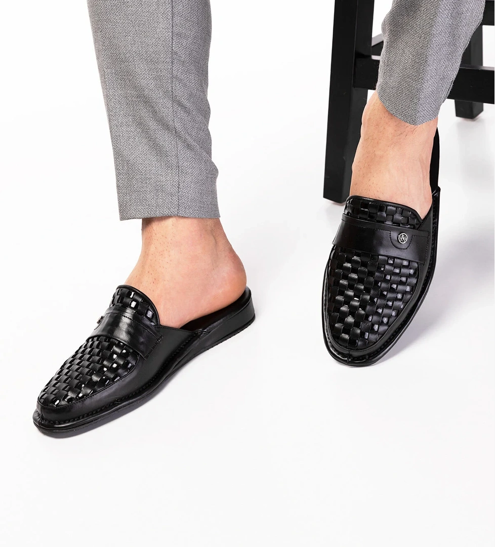 Gondol Erkek Hakiki Deri Örgü Desen Damat Ev Terliği kayaş.102 - Görsel 1