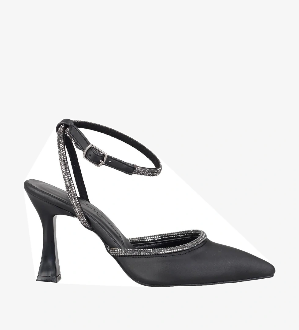 Siyah Saten Taşlı Stiletto Bilekten Bantlı Kadeh Topuk Ayakkabı - Honey