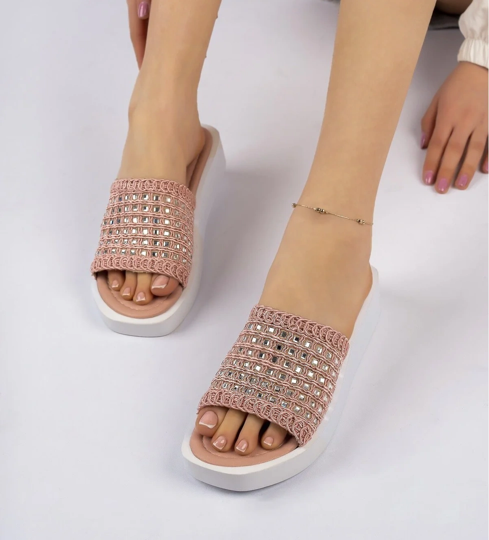 Kadın Garantili Taş Detaylı Günlük Terlik 2022.2040 Pudra