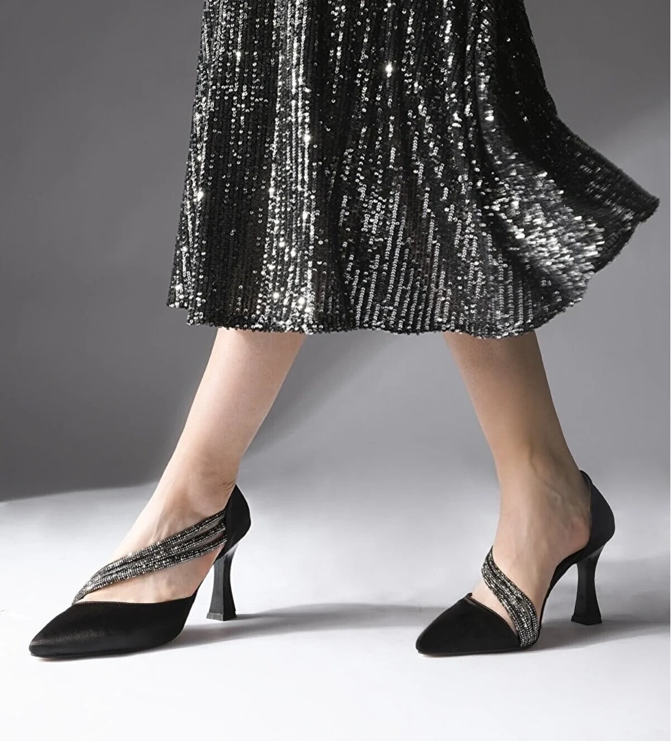 140 Üç Şerit Taşlı Abiye Kadın Topuklu Ayakkabı Stiletto