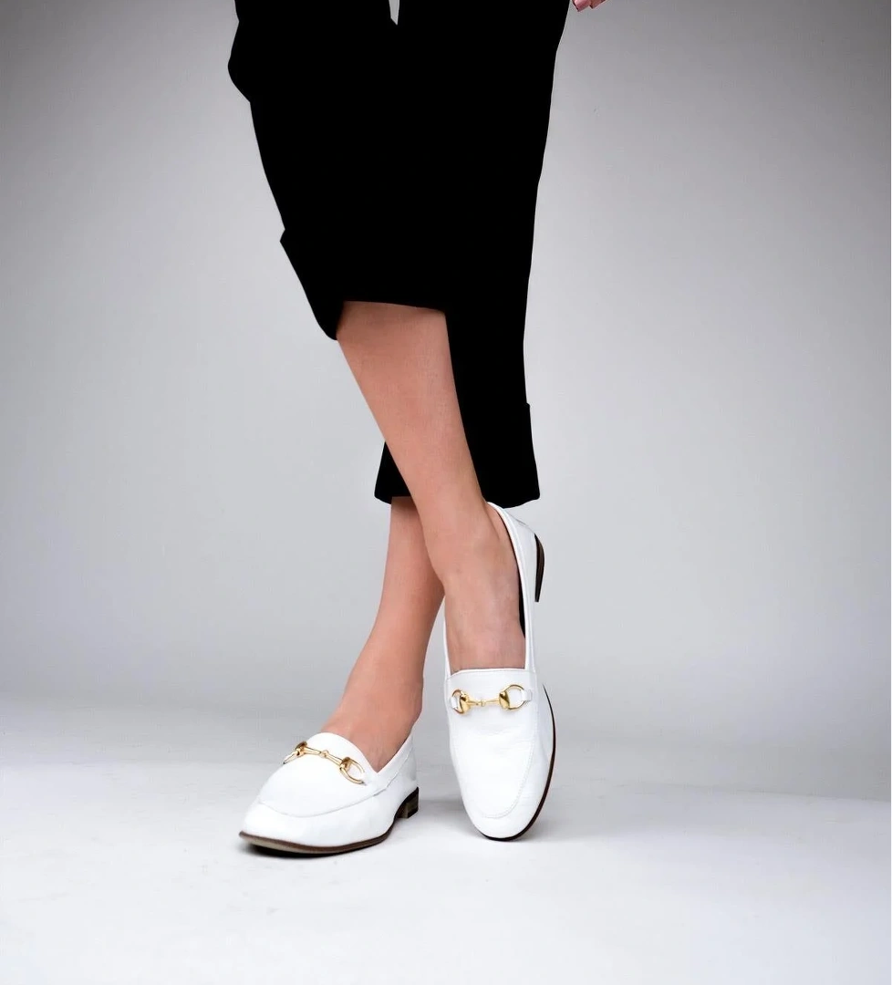 Beyaz Hakiki Deri Tokalı Ayakkabı Günlük Babet - Bader