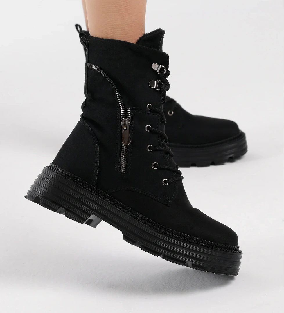 Kadın Siyah Süet Poli Taban Fermuar Detaylı Rahat Kalıp Bağcıklı Bot