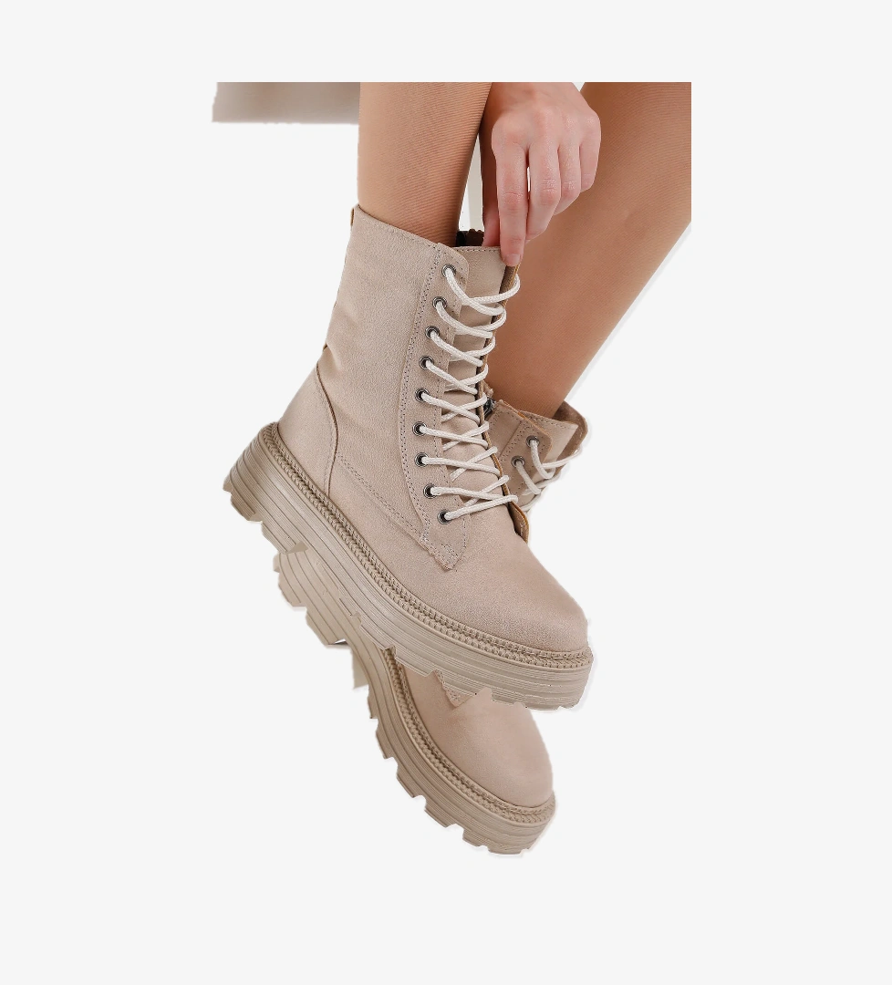 Kadın Krem Süet Poli Taban Rahat Kalıp Bağcıklı Bot