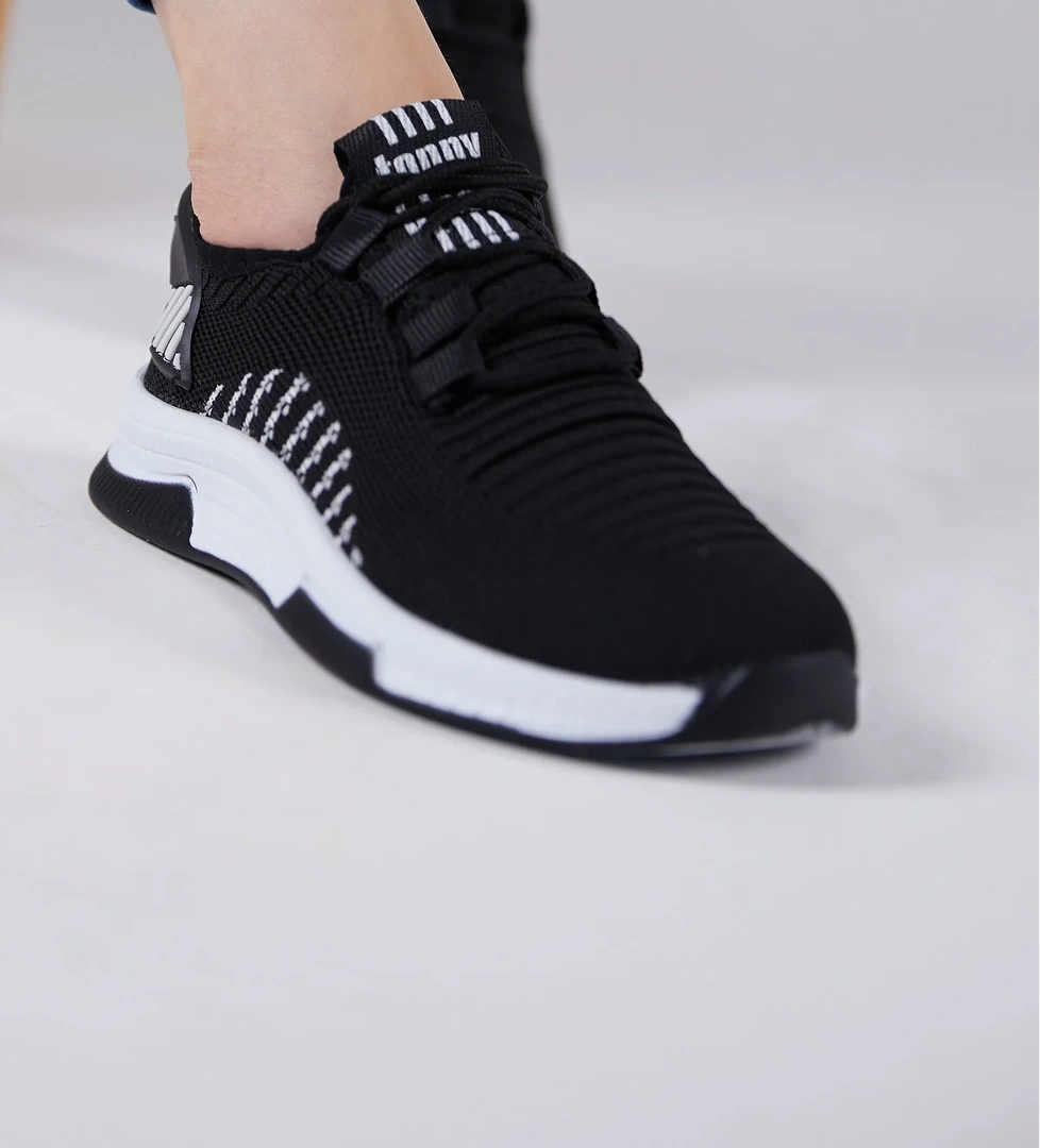 Unisex Siyah Beyaz Poli Taban Tekstil Kumaş Bağcıklı Spor Ayakkabı