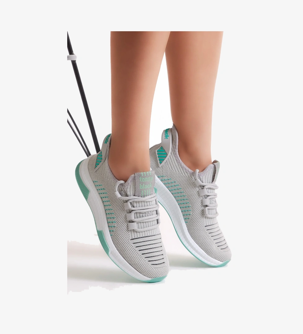 Unisex Gri Yeşil Poli Taban Tekstil Kumaş Bağcıklı Spor Ayakkabı