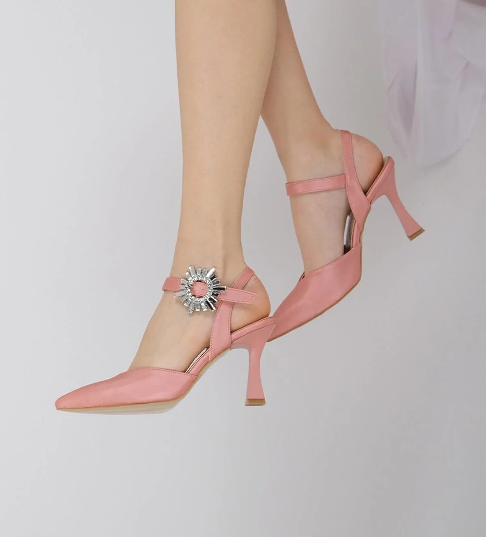 Pudra Saten Kadeh Topuklu Stiletto Taşlı Abiye Ayakkabı - Shinysun