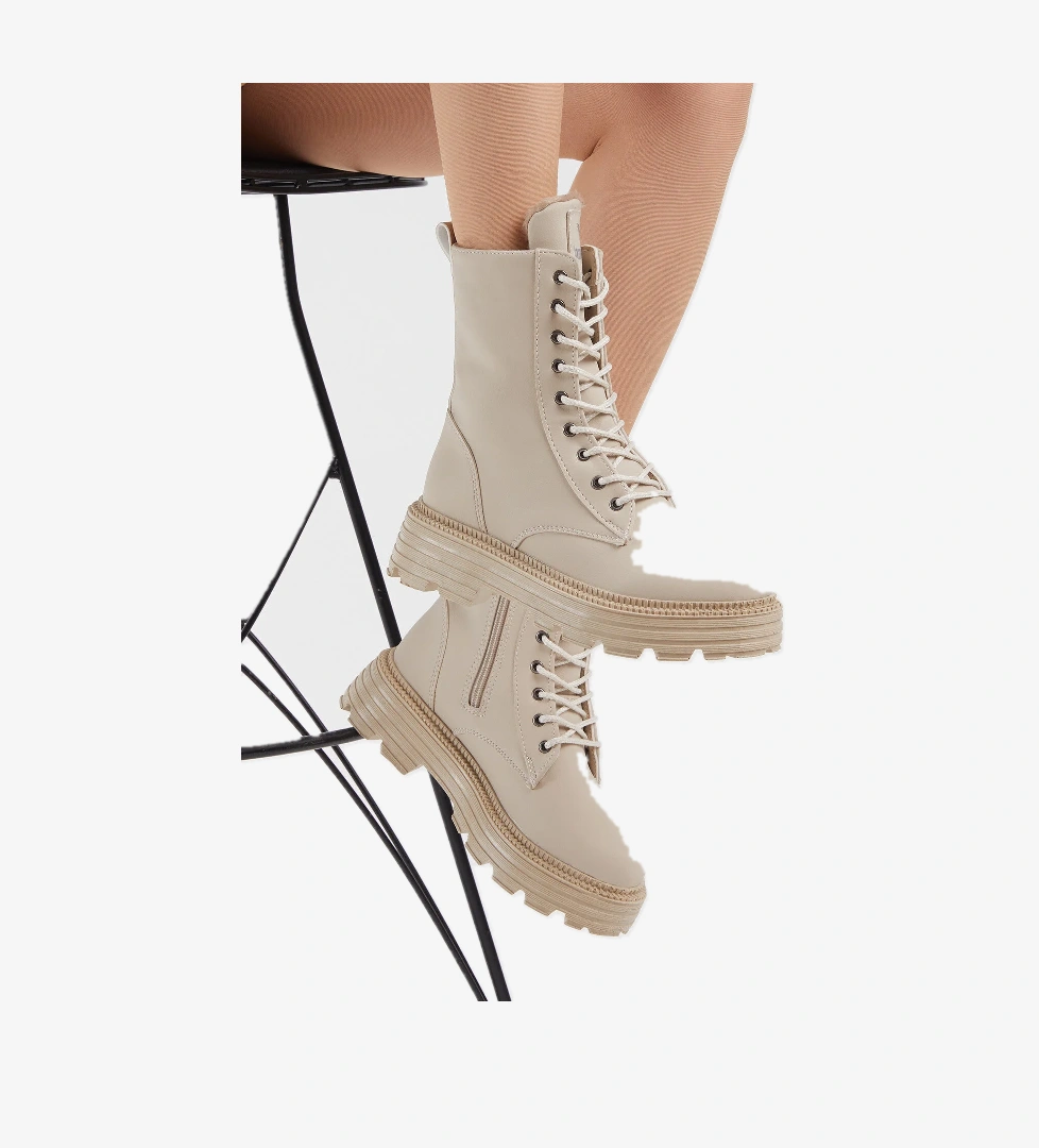 Kadın Krem Cilt Rahat Kalıp Kalın Taban Bağcıklı ve Fermuarlı Bot