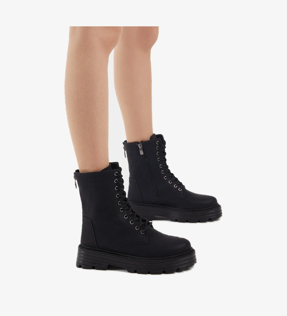 Kadın Siyah Cilt Poli Taban Arkası Fermuar Detaylı Bağcıklı ve Fermuarlı Bot