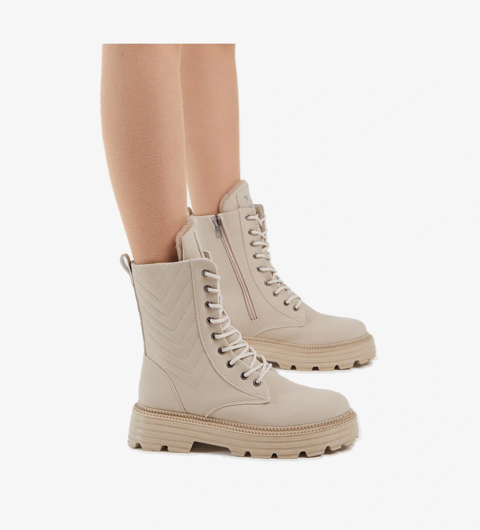 Kadın Krem Cilt Kalın Taban Nakışlı Bağcıklı ve Fermuarlı Bot