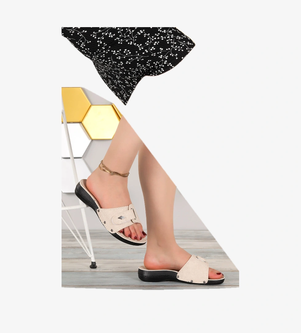 Günlük Cırtlı 3 Cm Topuklu Jelli Kadın Terlik Ary 67-792 Bej - Görsel 1