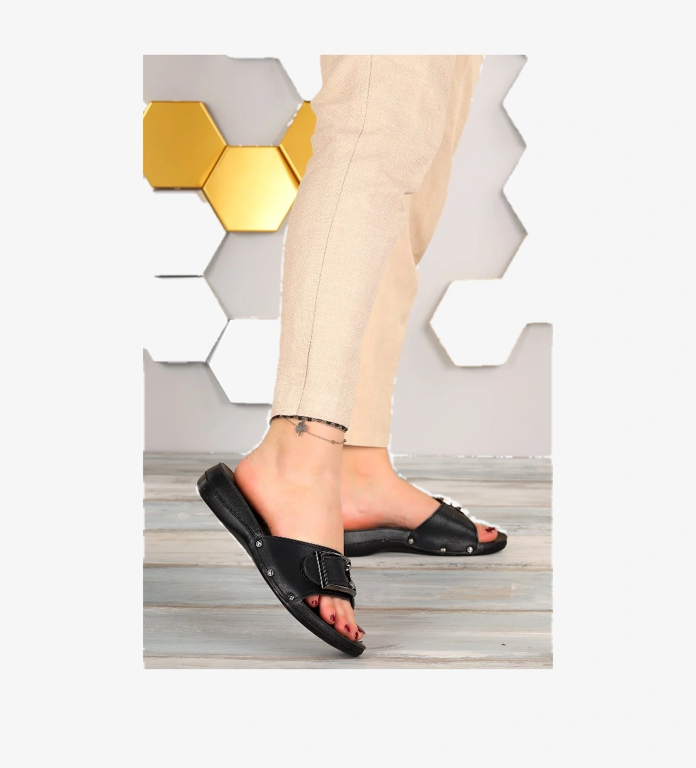 Günlük Tokalı 4 Cm Topuklu Jelli Kadın Terlik Ary 67-789 Siyah - Görsel 1