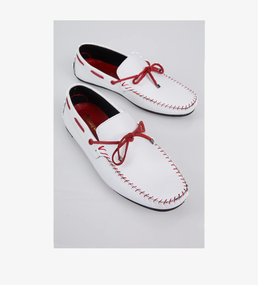 Erkek Beyaz İp Detaylı Rahat Kalıp Hakiki Deri Loafer