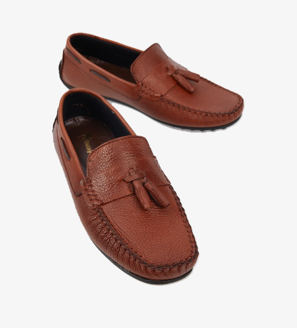 Erkek Taba Önü Püskül Detaylı Rahat Kalıp Hakiki Deri Loafer - Görsel 1
