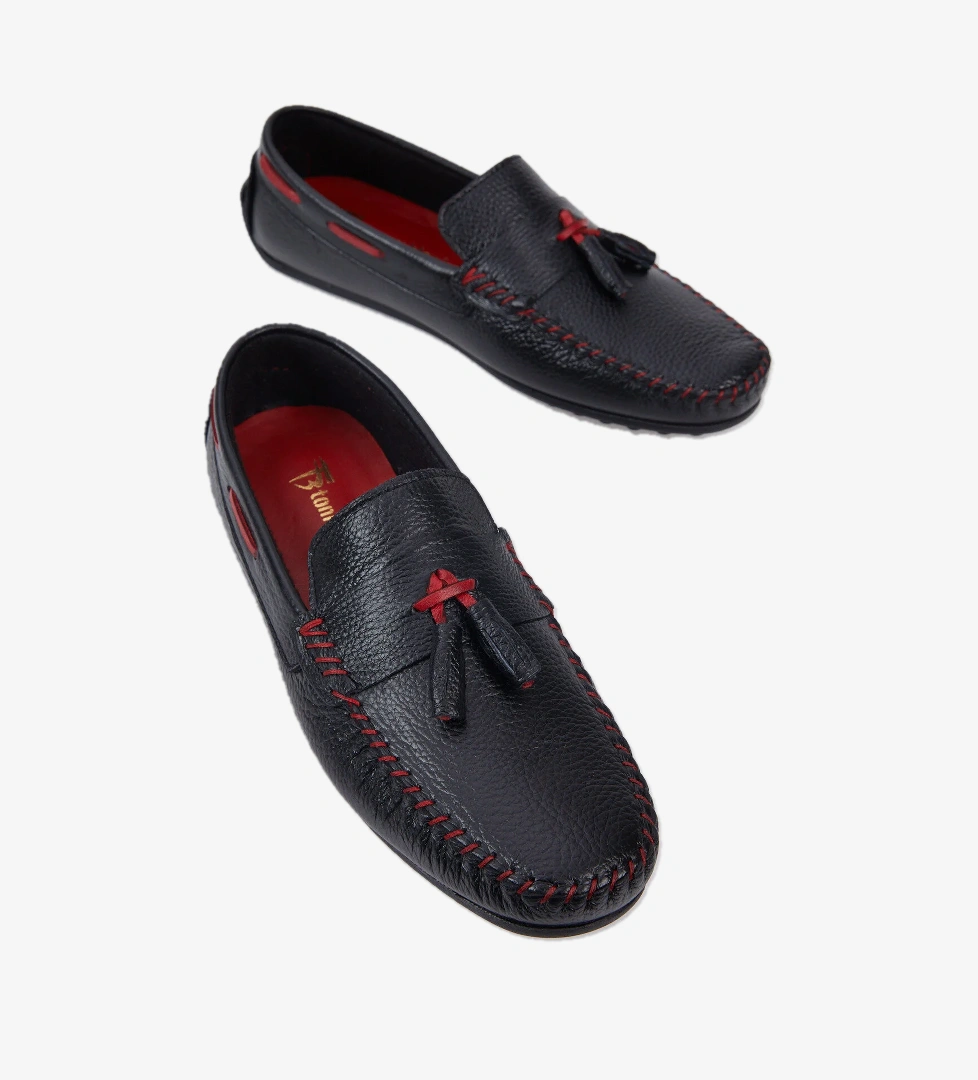 Erkek Siyah Önü Püskül Detaylı Rahat Kalıp Hakiki Deri Loafer - Görsel 1