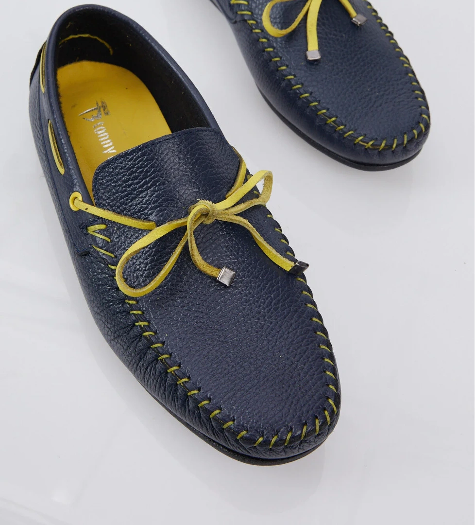 Erkek Lacivert İp Detaylı Rahat Kalıp Hakiki Deri Loafer