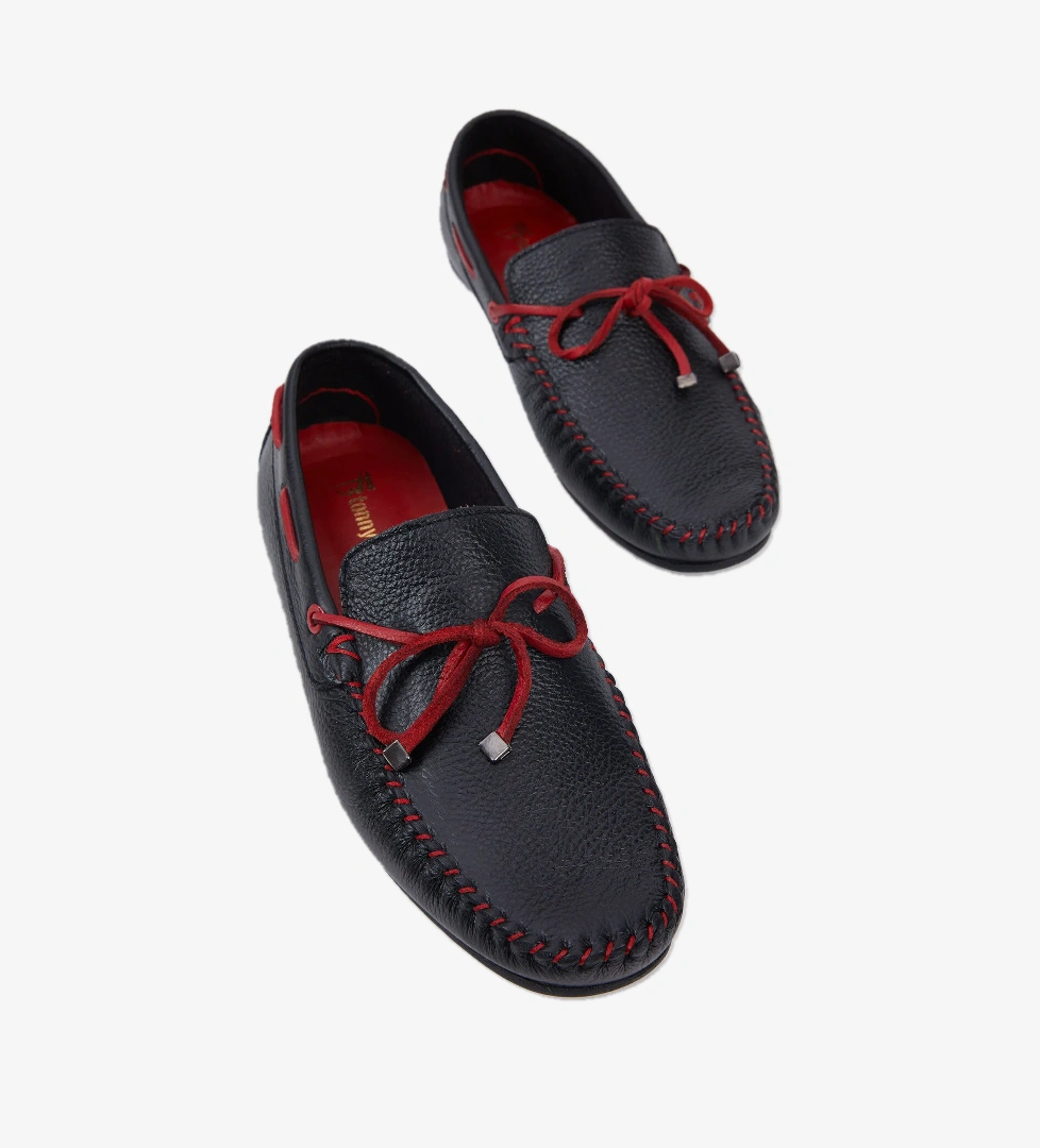 Erkek Siyah İp Detaylı Rahat Kalıp Hakiki Deri Loafer