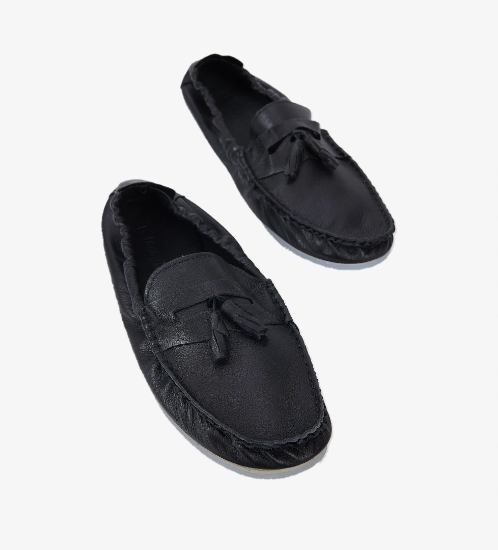 Erkek Siyah Önü Püsküllü Arkası Lastikli Rahat Kalıp Hakiki Deri Loafer